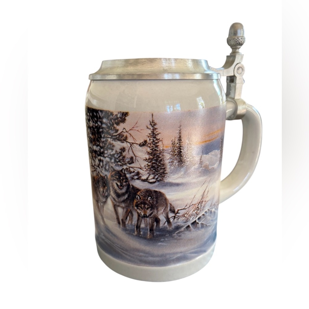 Domex German Beer Stein Wolves Wildlife Scene Ceramic W/Pewter Lid Collectible